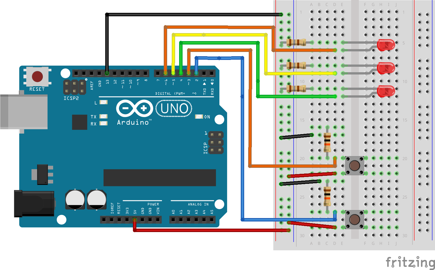 arduino 2botones 3leds circuito