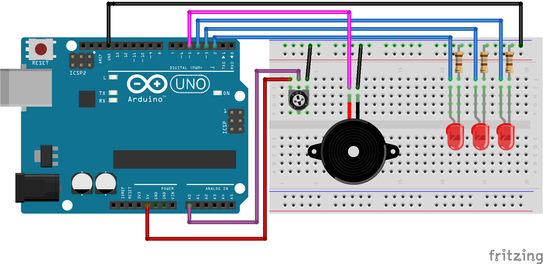 arduino potenciometro buzzer 3leds circuito